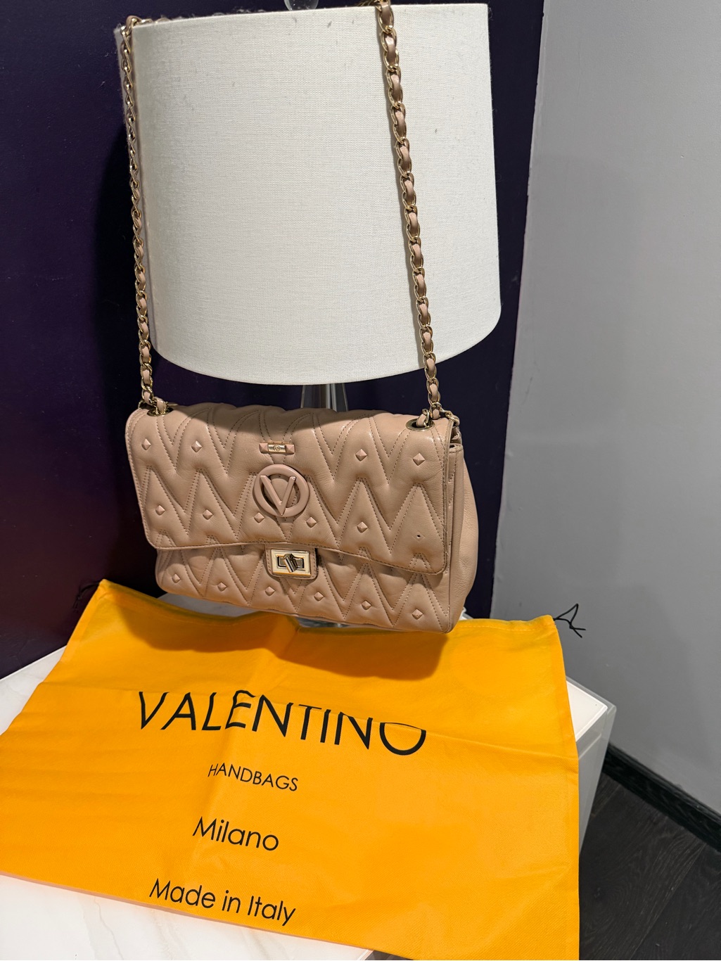 Valentino, Mario Valentino Quilted V-Logo Shoulder Bag In Beige With Gold Chain